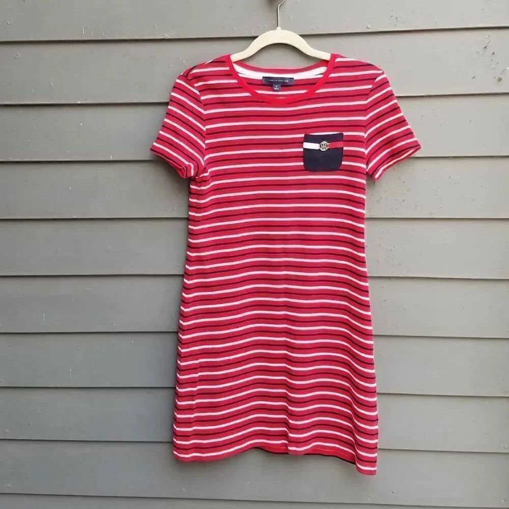 Like New Tommy Hilfiger Red Black white Striped Knit Cotton Dress size Medium